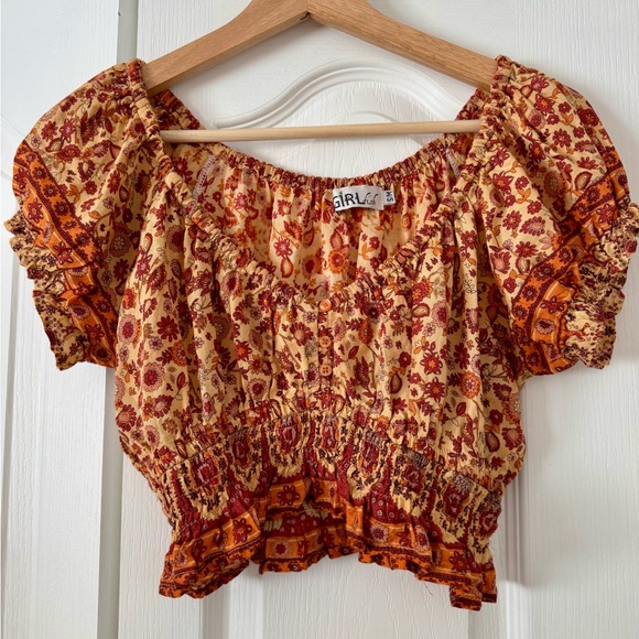 girlish Tops - Boho Floral Smocked Crop Top in Burnt Orange